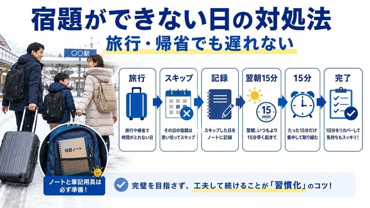 旅行や帰省の日でも冬休み宿題をリカバリーする流れ