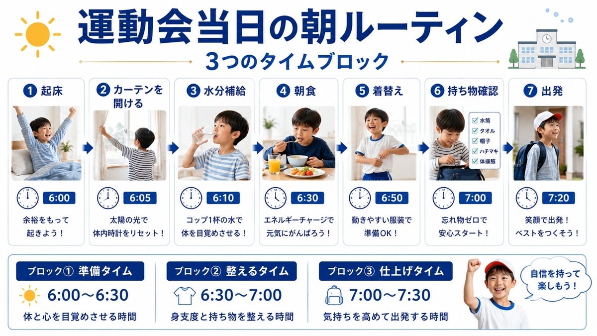運動会当日の朝に行う起床・朝食・身支度の流れ