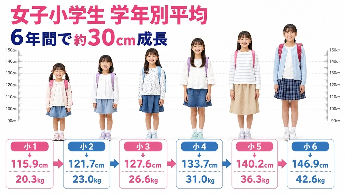 女子小学生の学年別平均身長と平均体重の一覧イメージ