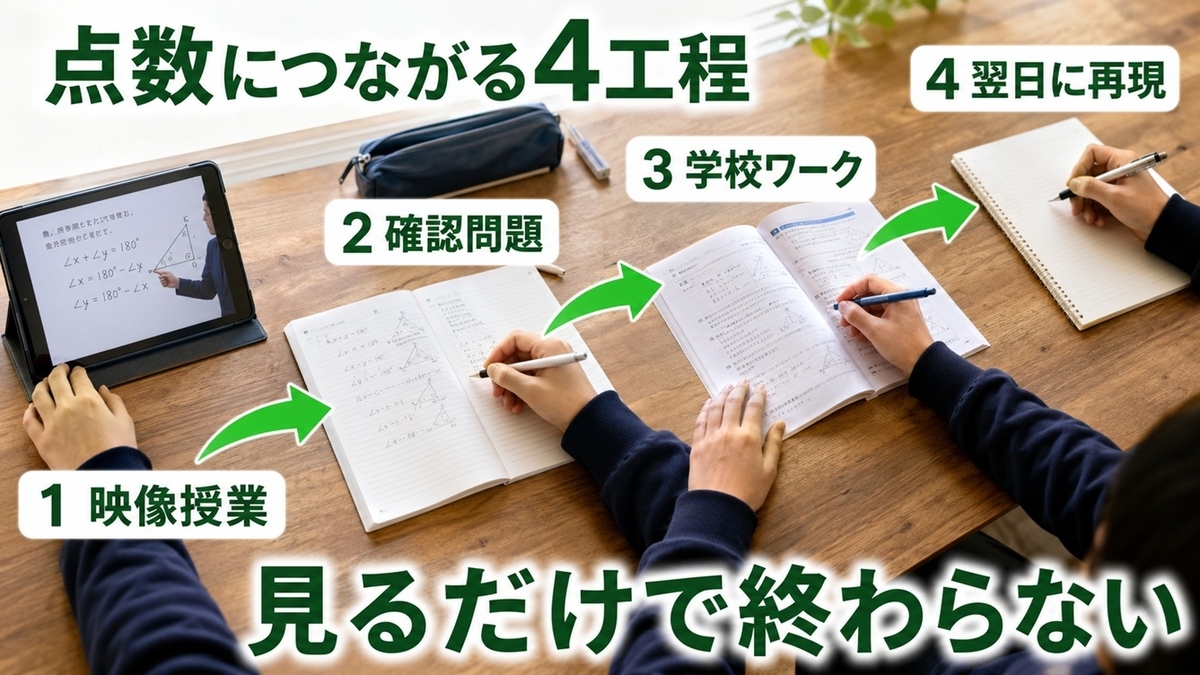 映像授業から確認問題・学校ワーク・翌日の再現へ進む4工程