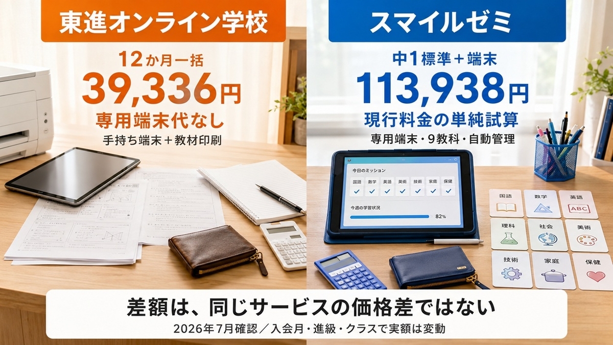 東進オンライン学校39,336円とスマイルゼミ中1標準・端末113,938円の料金と機能差を比較する画像