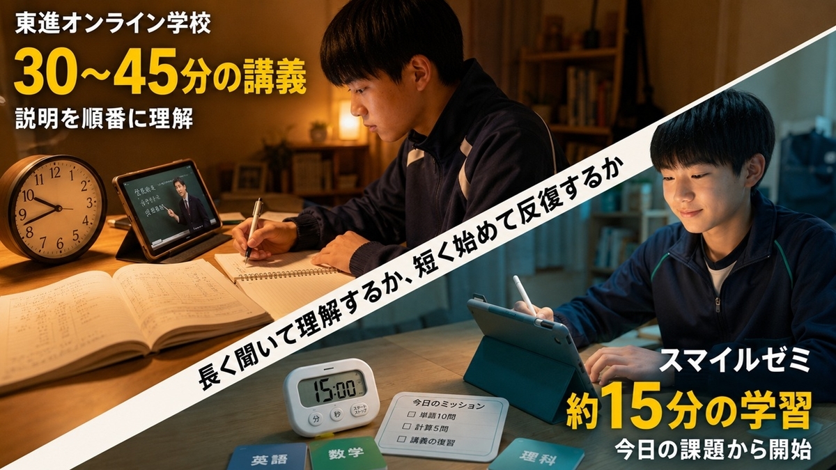 東進オンライン学校の30分から45分の講義とスマイルゼミの約15分学習を比較する画像