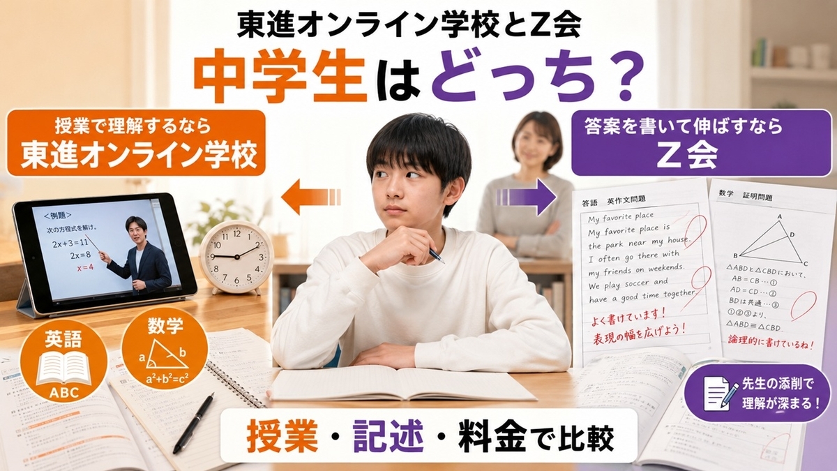 東進オンライン学校とZ会を比較しながら学習方法を選ぶ中学生の実写風ヒーロー画像