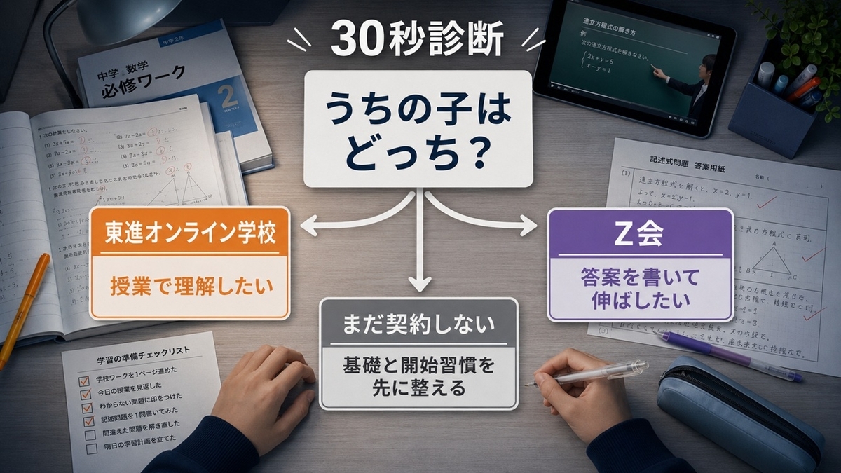 東進オンライン学校とZ会と契約保留の3択を判断する30秒診断イメージ