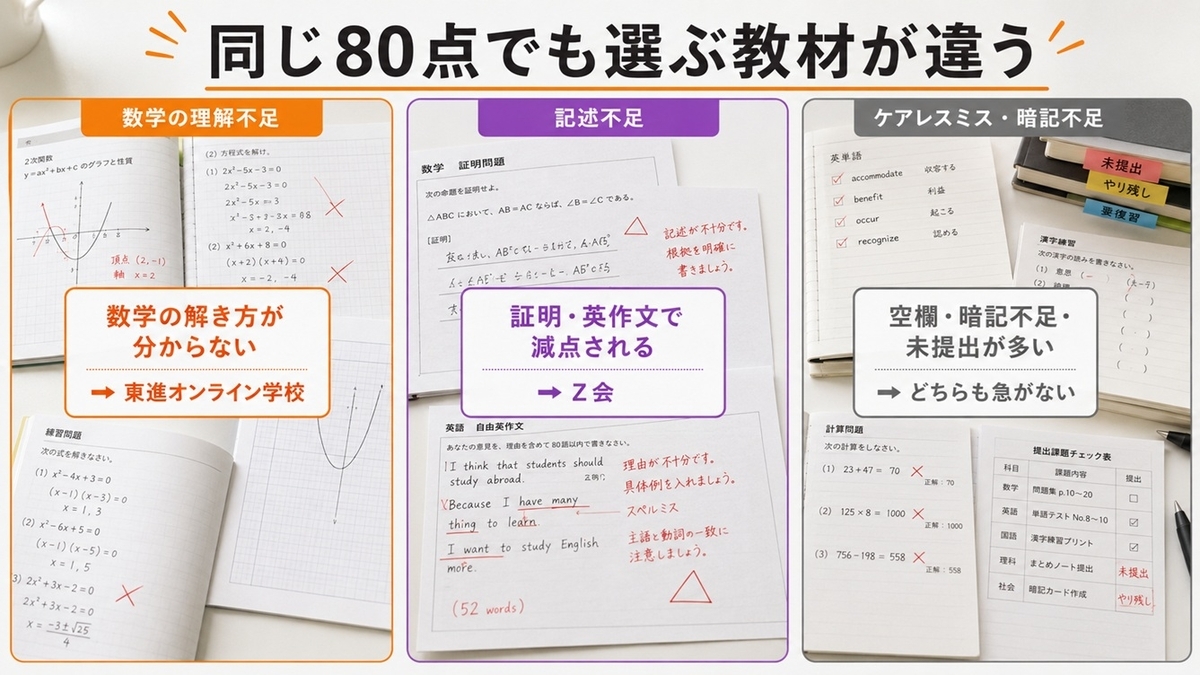 同じ80点でも失点原因によって東進オンライン学校とZ会の選び方が変わる図