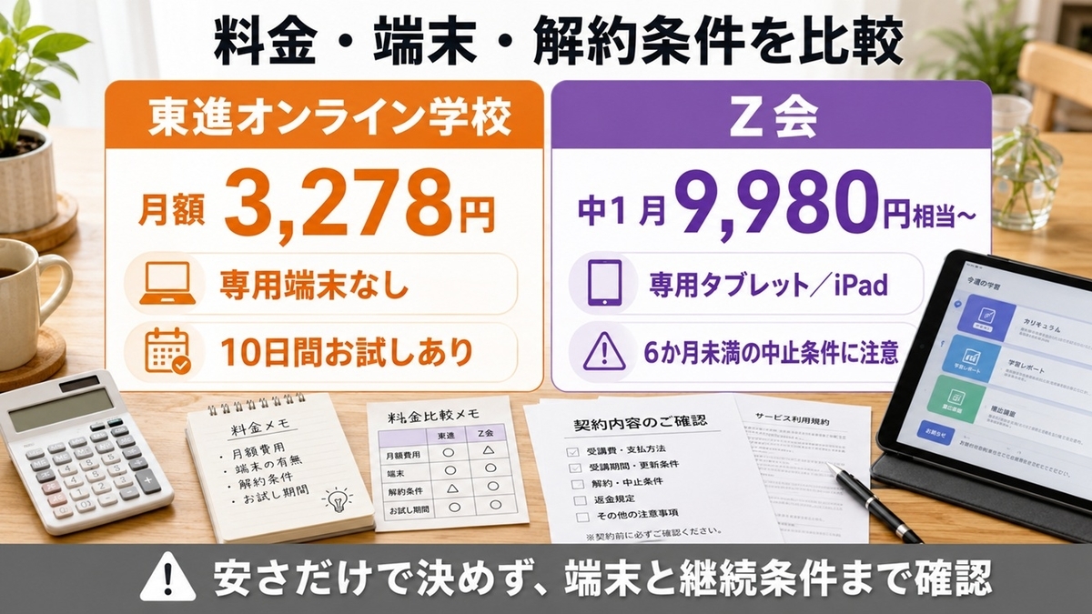 東進オンライン学校は12カ月一括で月換算3278円、Z会は中1月9980円相当からの料金・端末・解約条件を比較した図