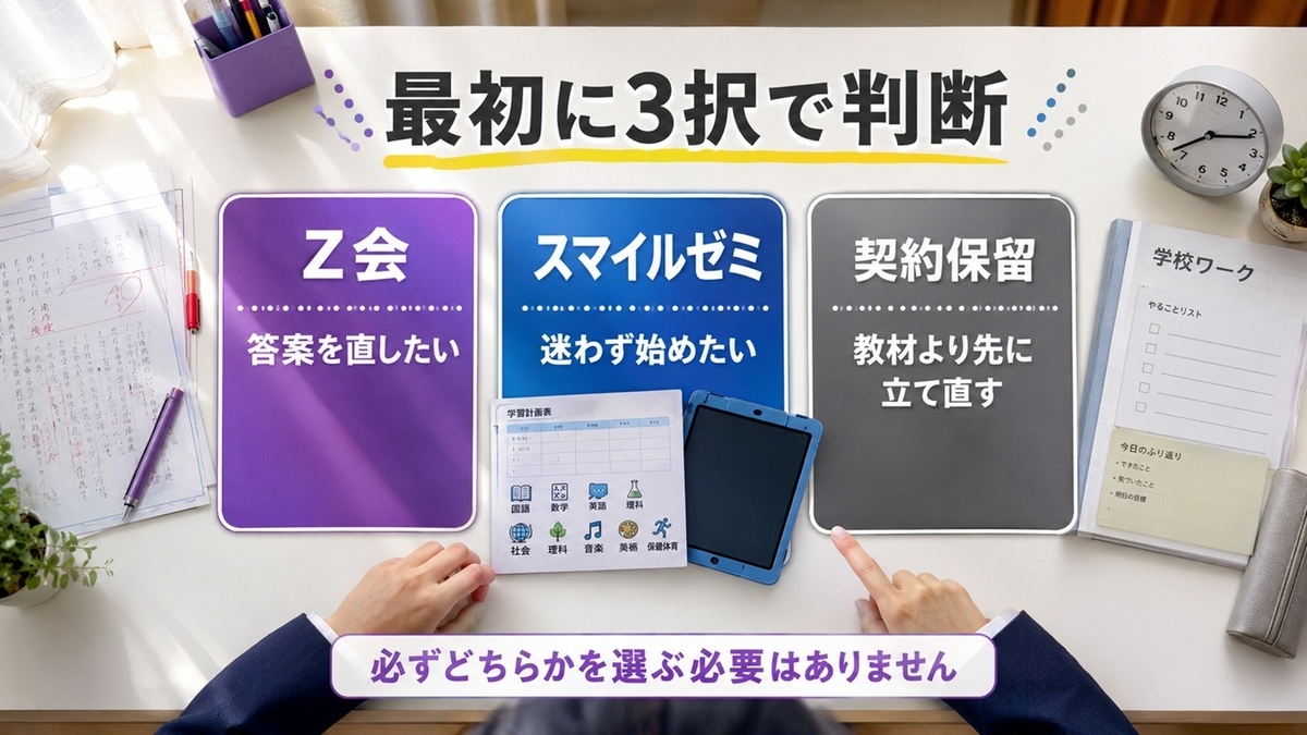 Z会・スマイルゼミ・契約保留の3択から中学生に合う学習方法を選ぶ図