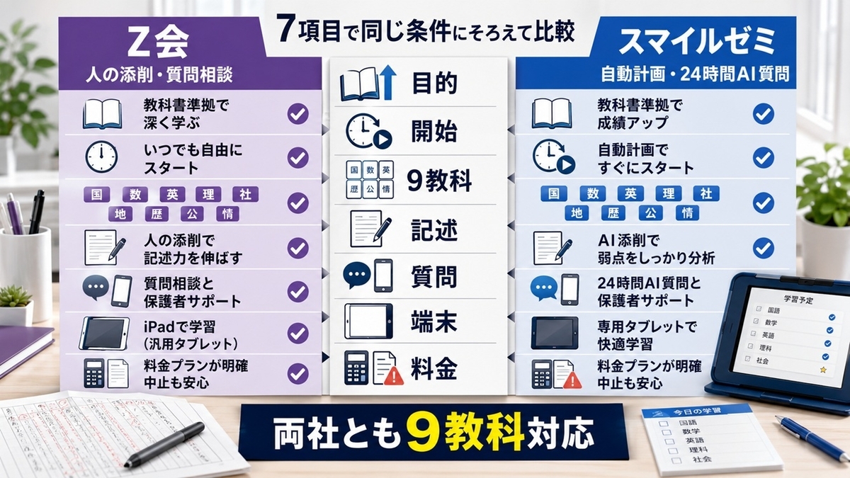 Z会とスマイルゼミを難易度・学習開始・9教科・添削・質問・端末・料金で比較する図