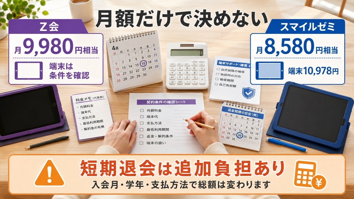 Z会とスマイルゼミの中学生料金・端末代・短期退会時の追加負担を比較する図