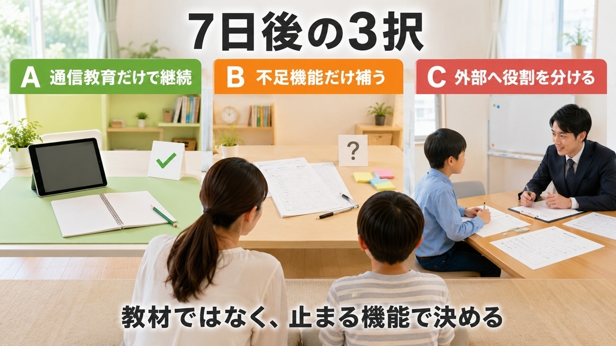 通信教育継続・不足機能追加・塾や学校相談の3つの判断結果