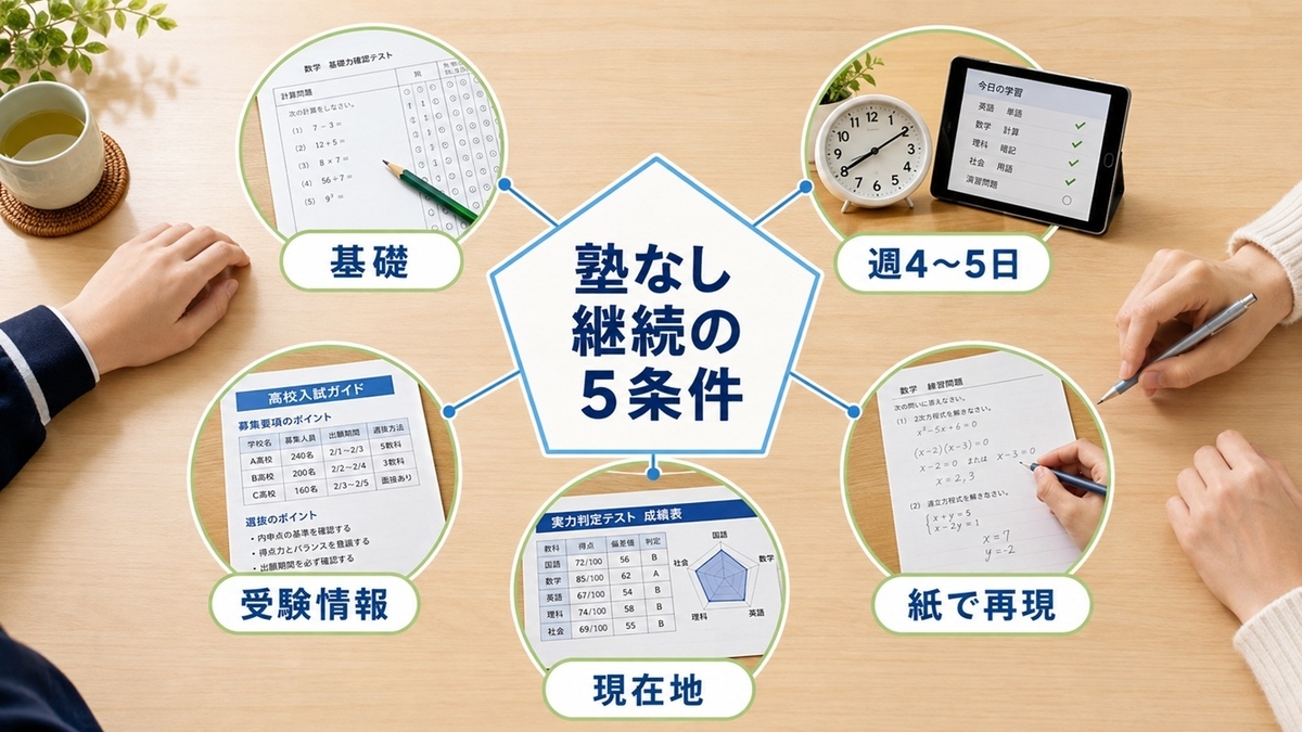 スマイルゼミだけで高校受験を続ける基礎・週4〜5日・紙で再現・現在地・受験情報の5条件