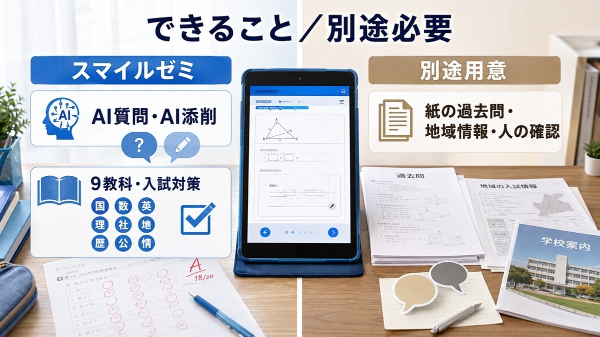 2026年のスマイルゼミで対応できるAI質問・AI記述添削と別途必要な紙の過去問・地域情報・人の確認