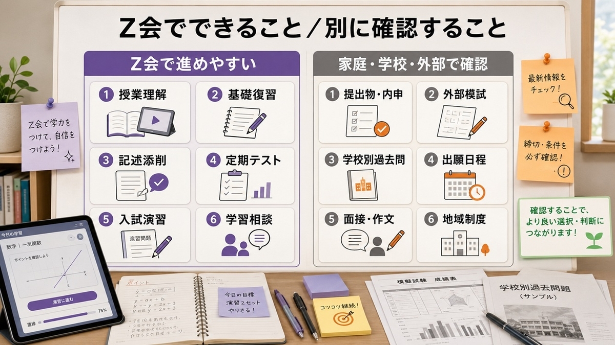 Z会で担当できる高校受験対策と家庭や学校で補う範囲を整理した図