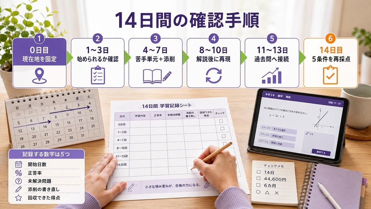 Z会だけで高校受験を続けられるかを14日間で確認する流れを示したタイムライン図