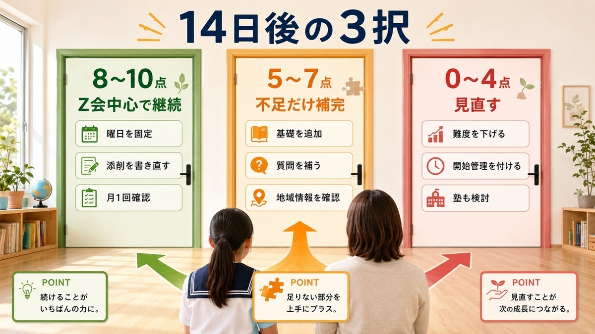 Z会中心で継続するか不足だけ補完するか見直すかを3択で示した判断図