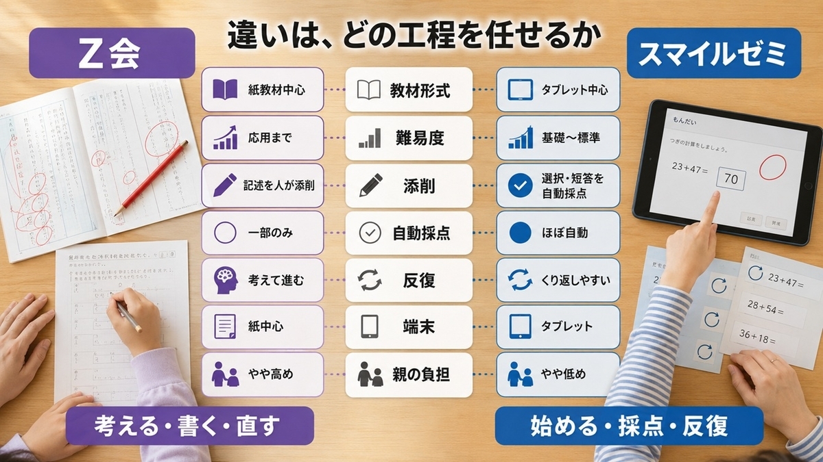 Z会とスマイルゼミの教材形式・難易度・添削・自動採点・反復・端末・親負担を比較する図