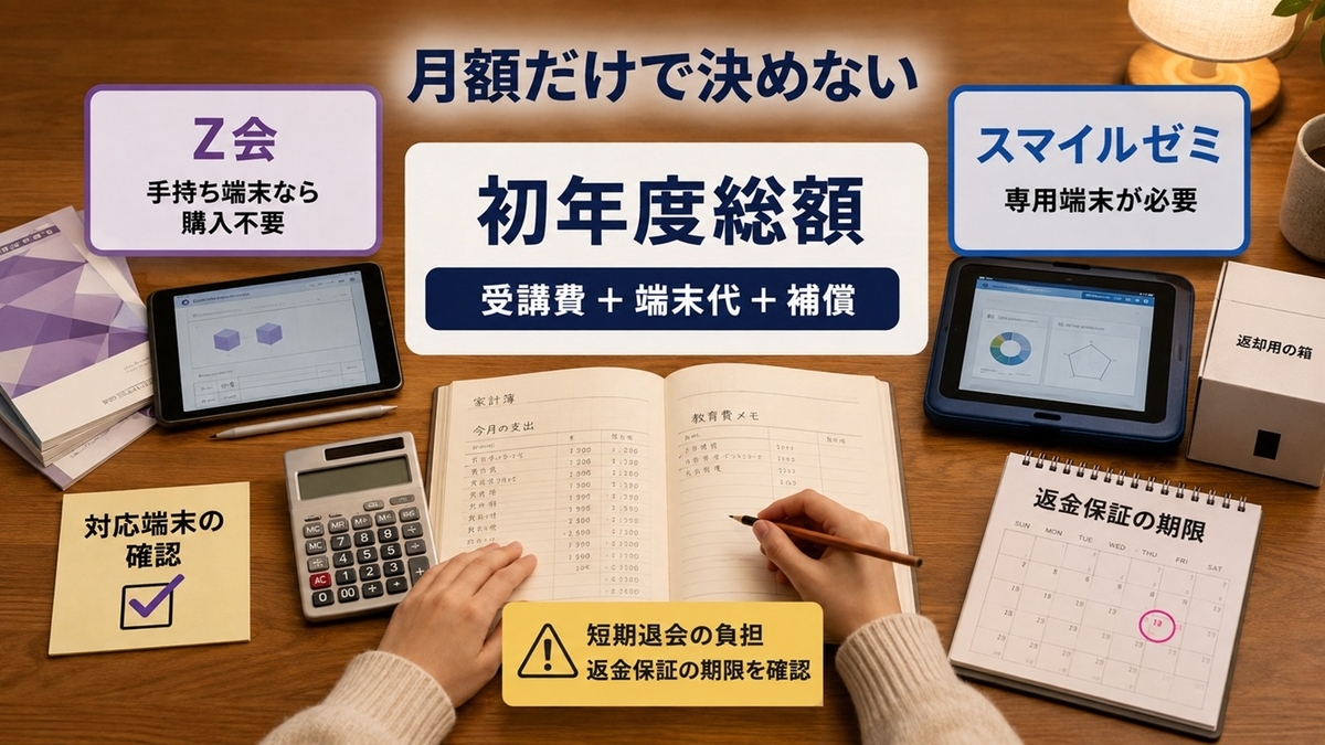 Z会とスマイルゼミの初年度総額・端末代・補償・短期退会負担を比較する契約確認図