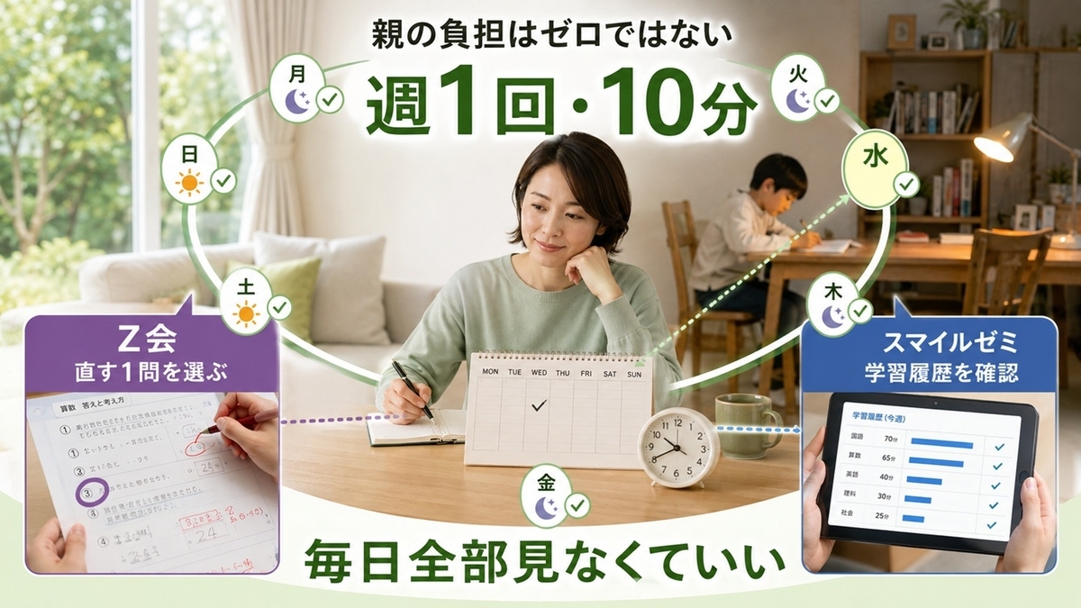 Z会とスマイルゼミで親が行う添削確認・学習履歴確認を週1回10分に整理した負担比較図