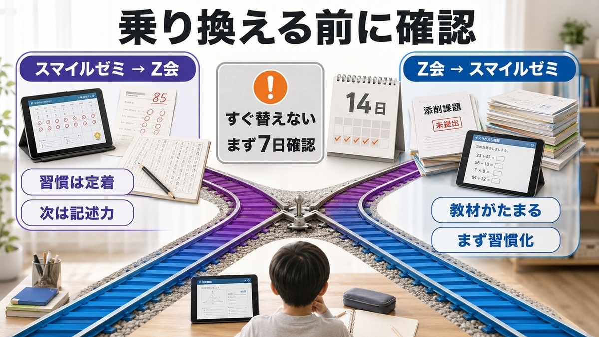 スマイルゼミからZ会、Z会からスマイルゼミへ乗り換える判断サインと7日確認を示す図