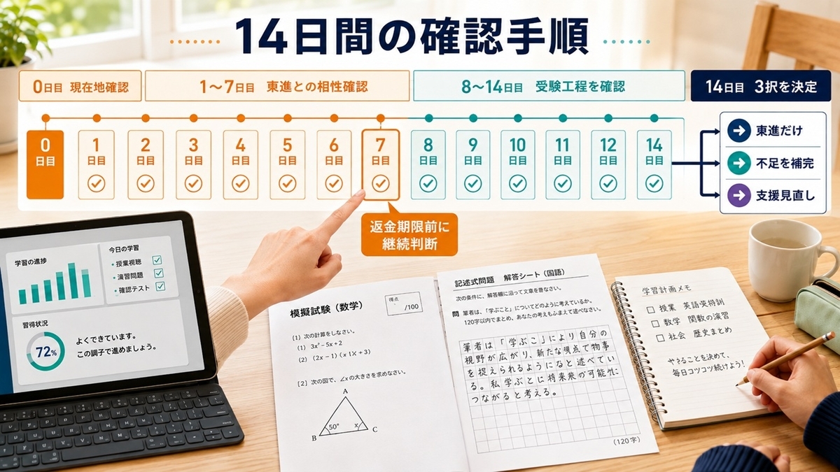 東進オンライン学校を7日間で継続判断し14日目に単独継続か補完か支援見直しかを決める流れ