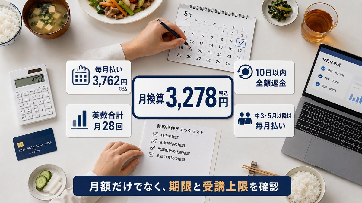 東進オンライン学校中学部の料金と10日以内全額返金と月28回の受講上限と中3の支払い条件