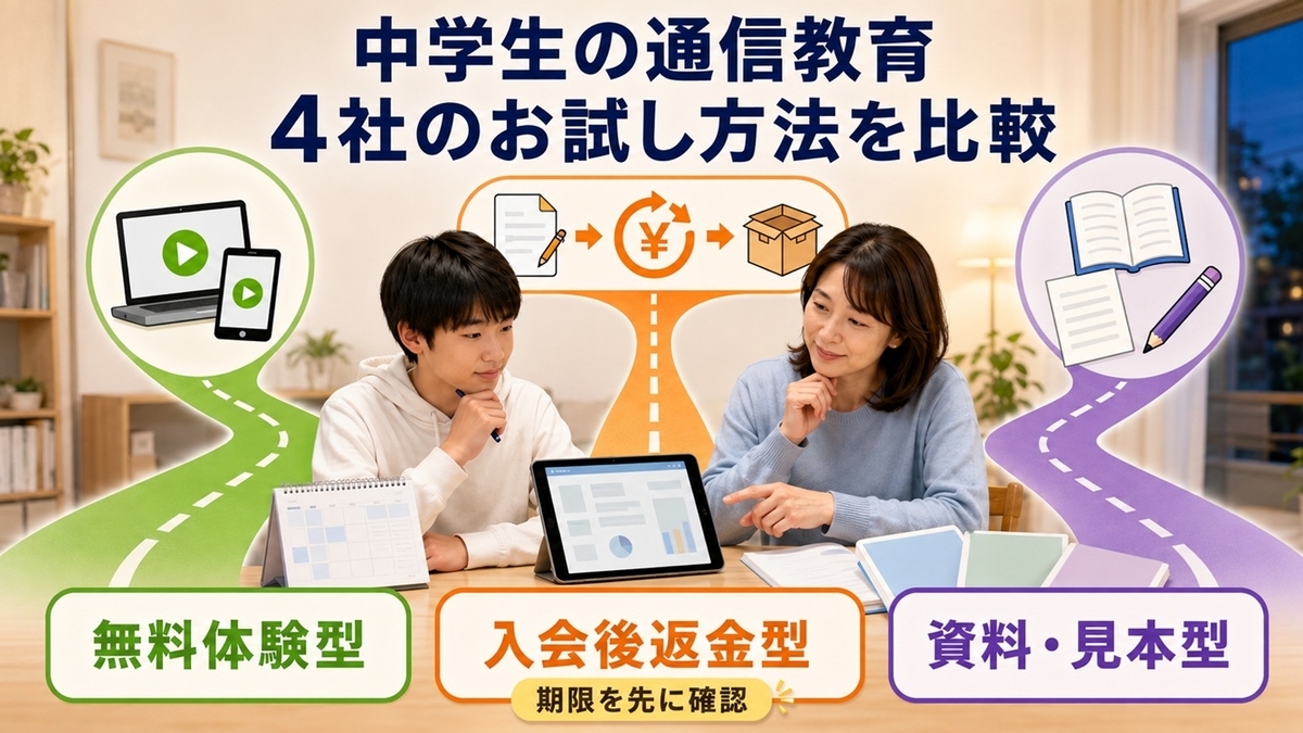 中学生向け通信教育4社の無料体験・入会後返金・資料見本の違い