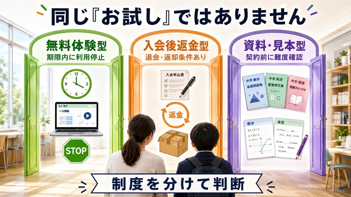 通信教育の無料体験型・入会後返金型・資料見本型の違い
