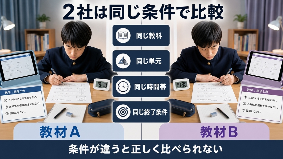 中学生向け通信教育2社を同じ教科・単元・時間帯で比較する方法
