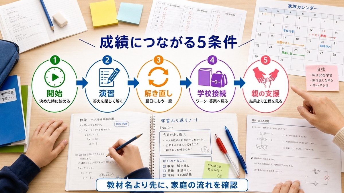 中学生の通信教育の効果につながる開始演習解き直し学校接続親の支援の5条件