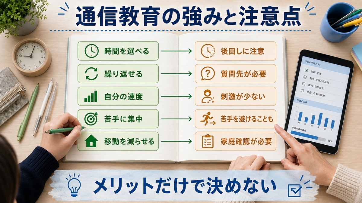 中学生の通信教育の5つのメリットと、後回しや質問、家庭確認など対応する5つのデメリットを整理した図