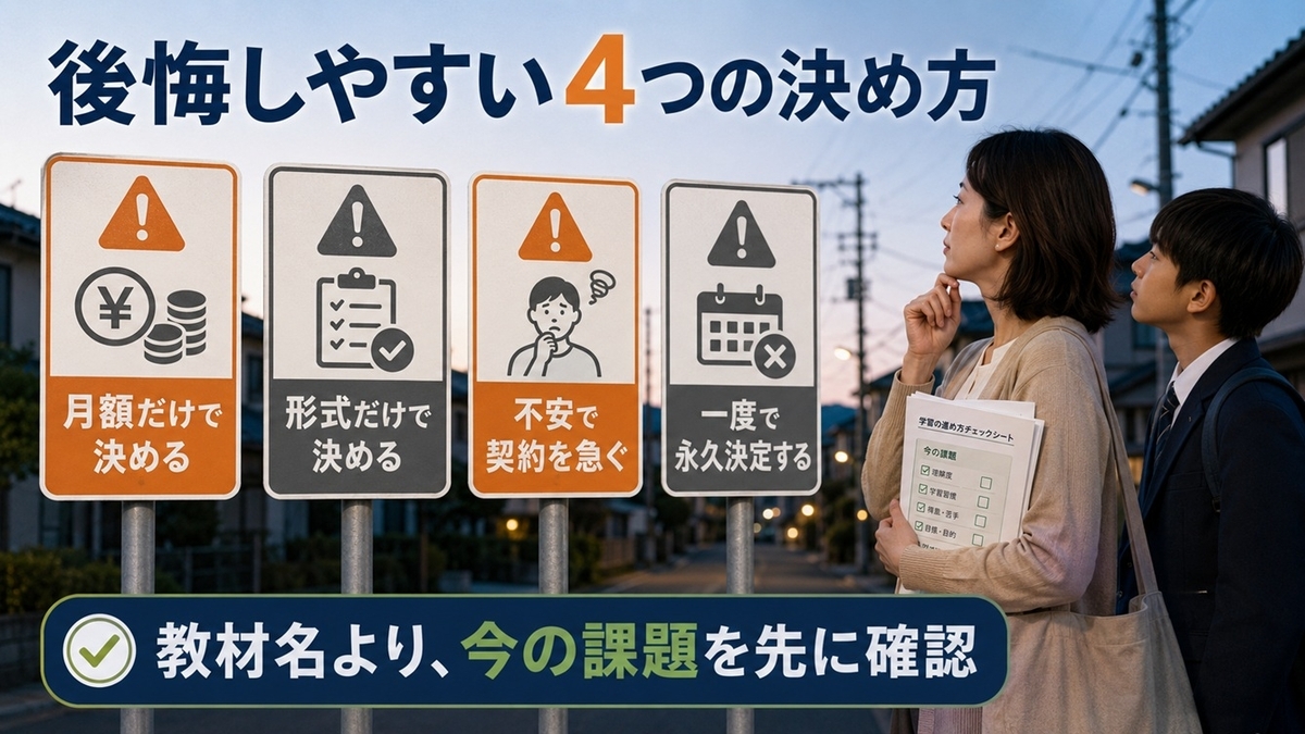 中学生の通信教育で後悔しやすい、料金だけ、形式だけ、親の不安、永久決定という4つの選び方を示した図