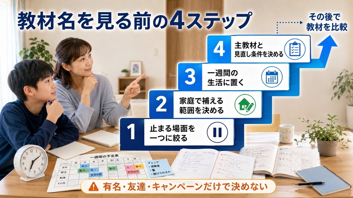 中学生の通信教育を選ぶ前に、止まる場面、家庭の補助範囲、一週間の生活、主教材と見直し条件を決める4ステップ