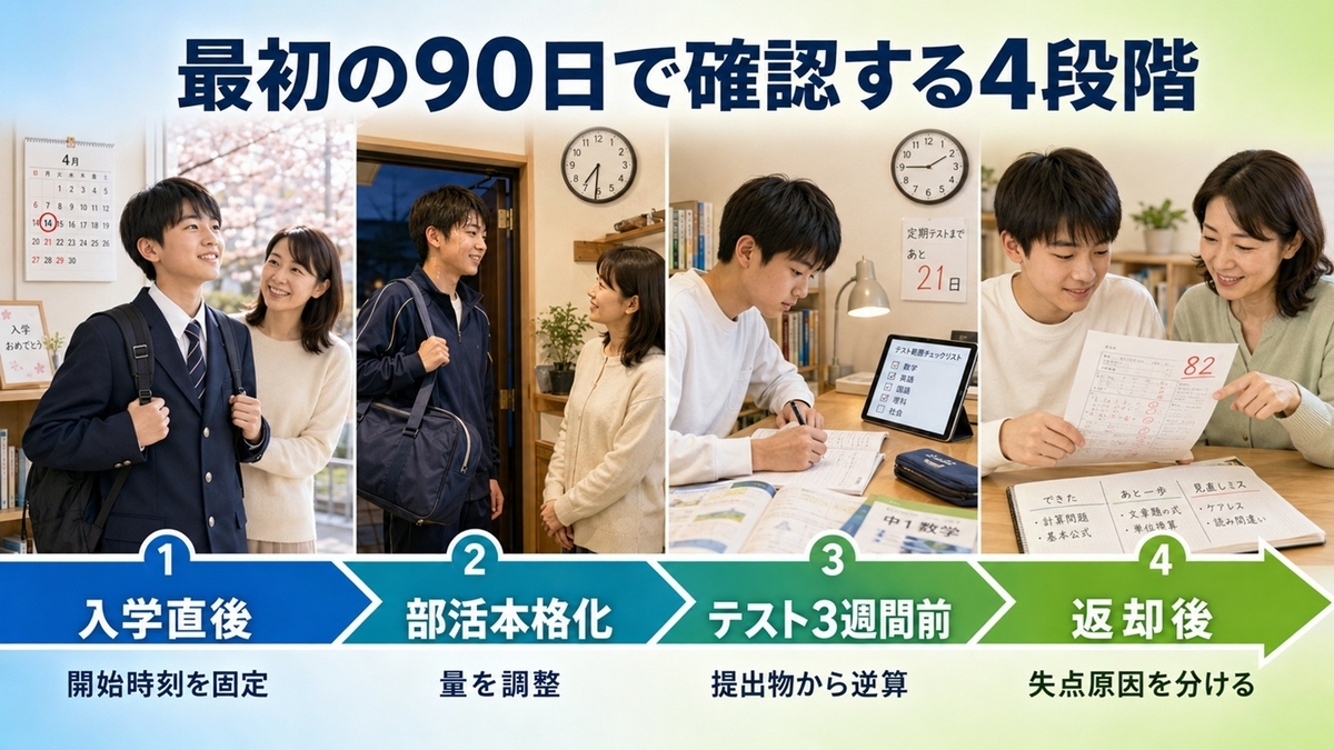 中学1年生の入学直後から定期テスト返却後までの90日間学習ロードマップ