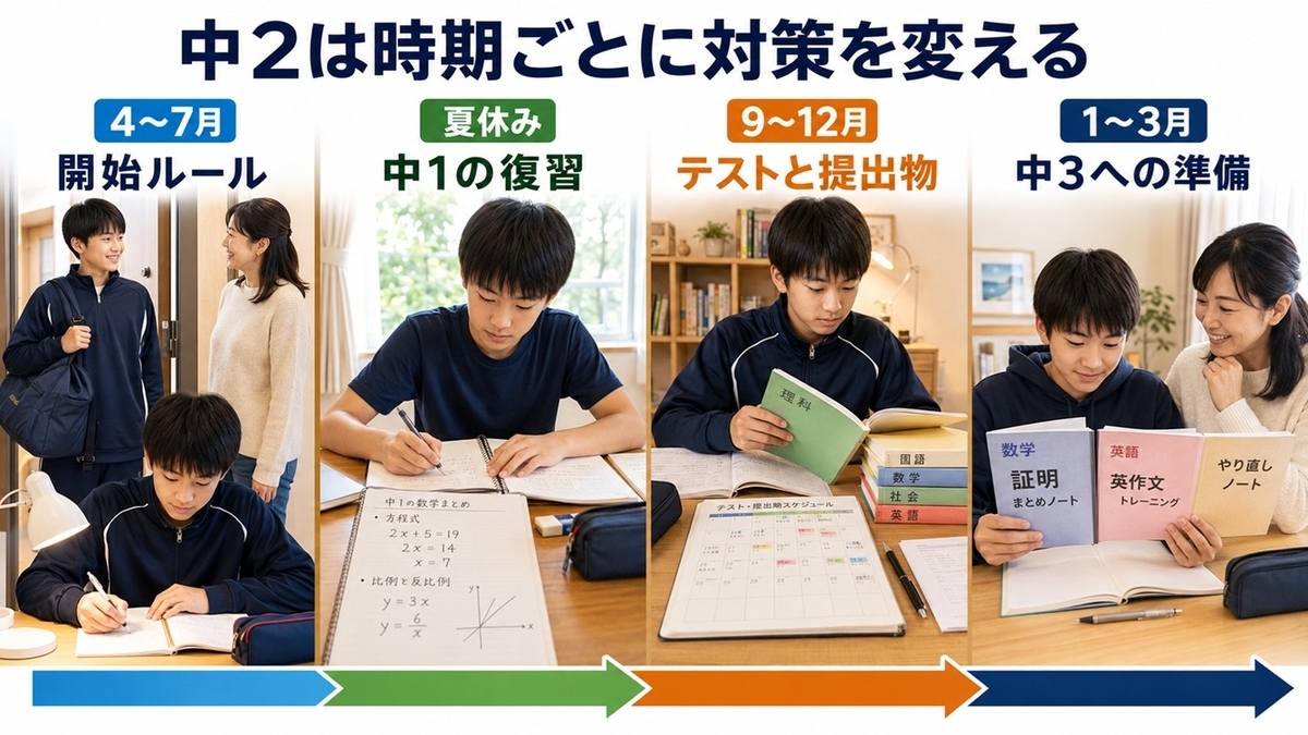 中学2年生が4月から3月まで、開始習慣・中1復習・定期テスト・中3準備を進める年間計画