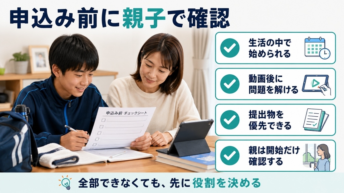 中学2年生と保護者が、通信教育を始める前に生活習慣・問題演習・提出物・親の確認方法を相談する様子