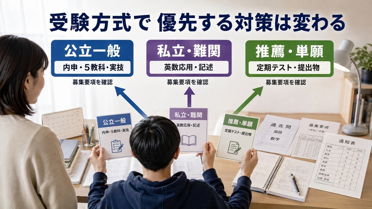 公立一般・私立難関・推薦単願の受験方式別に通信教育の優先対策を分ける図