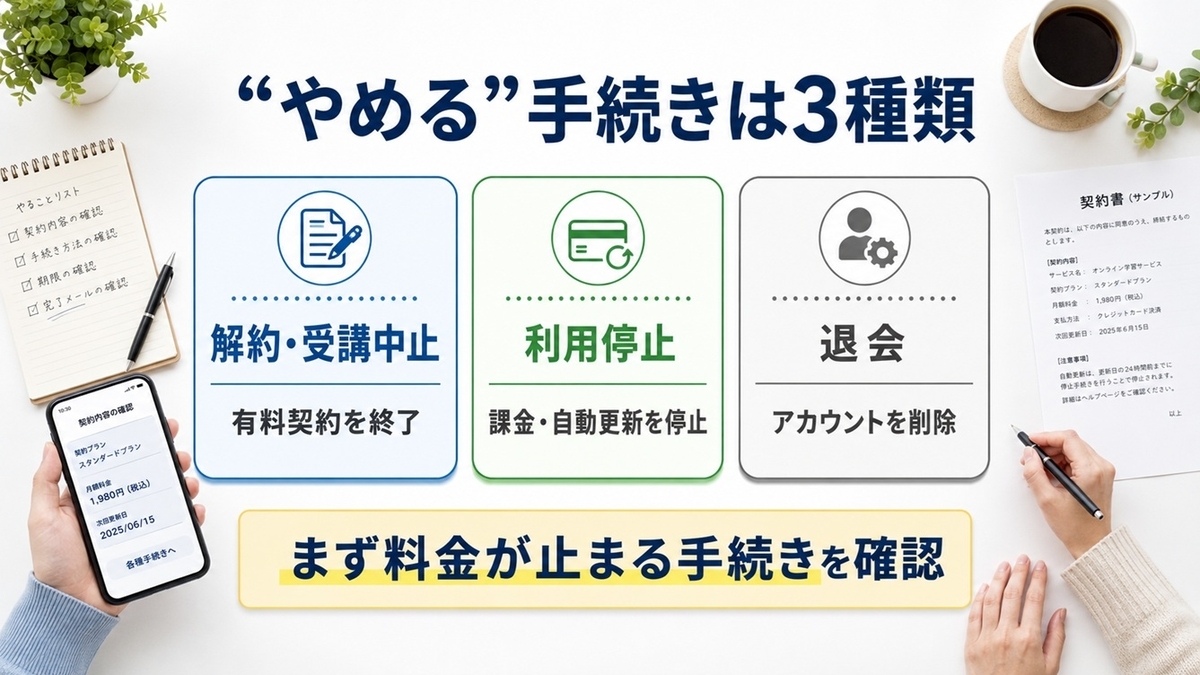 通信教育の解約・利用停止・退会の違いを3つに整理した図