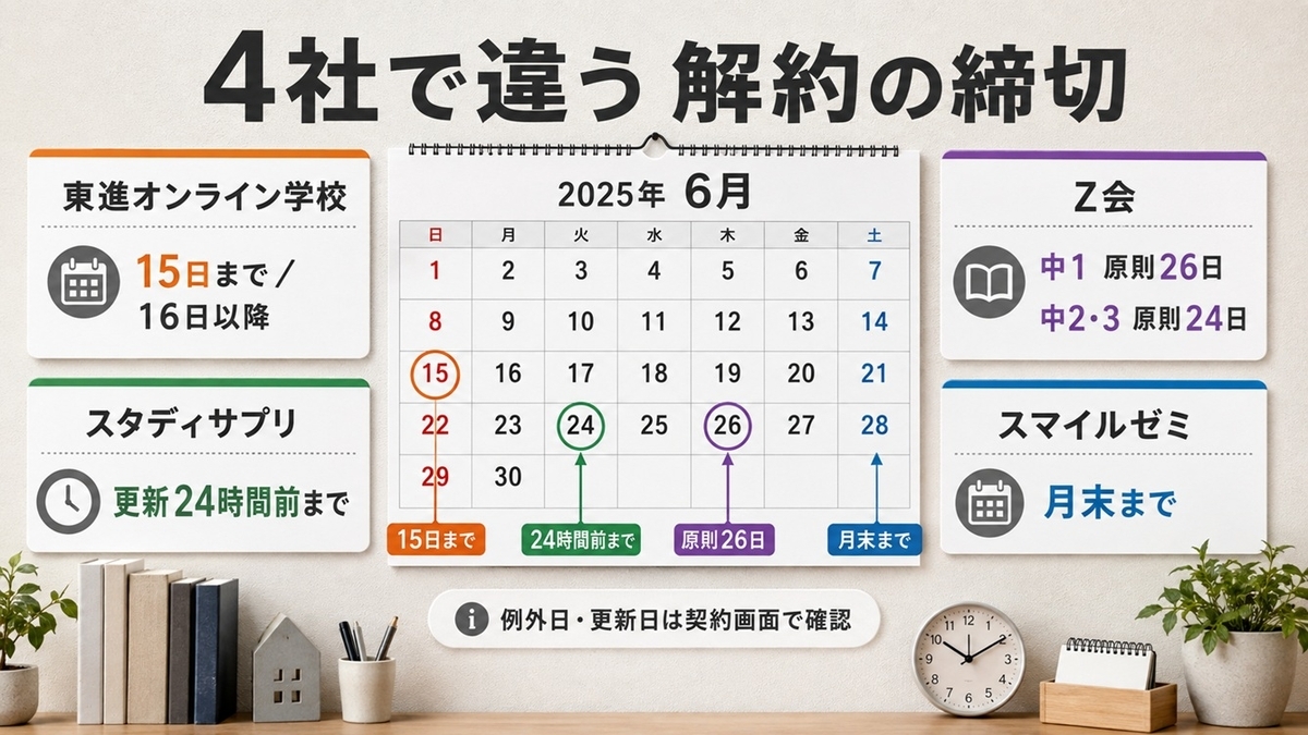 東進オンライン学校・Z会・スタディサプリ・スマイルゼミの解約締切比較