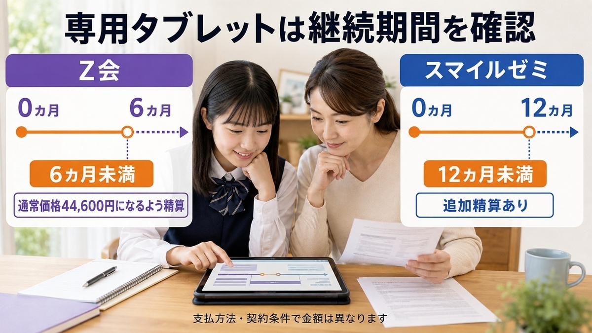 Z会とスマイルゼミの短期退会時のタブレット精算条件を示すタイムライン