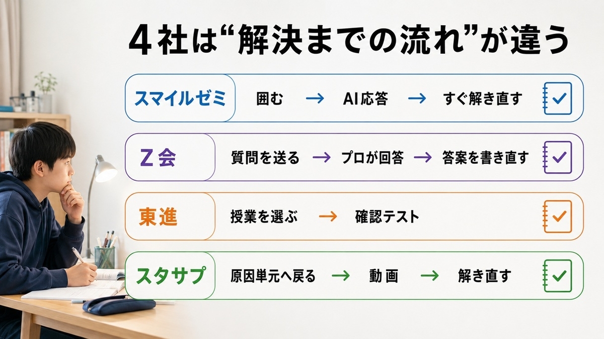 スマイルゼミ、Z会、東進オンライン学校、スタディサプリの質問から解き直しまでの流れ