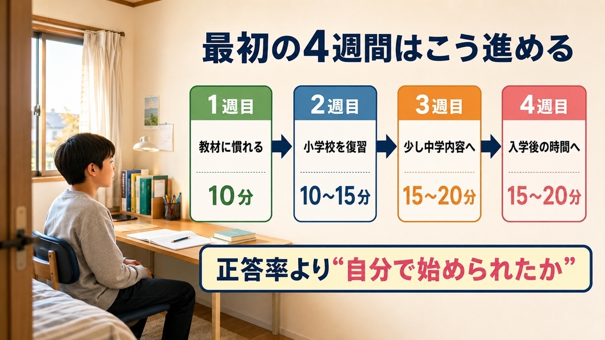 新中1が通信教育を始める最初の4週間の学習時間と進め方