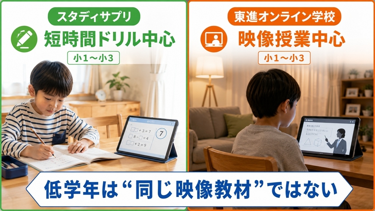 小1から小3のスタディサプリ短時間ドリルと東進オンライン学校映像授業の比較
