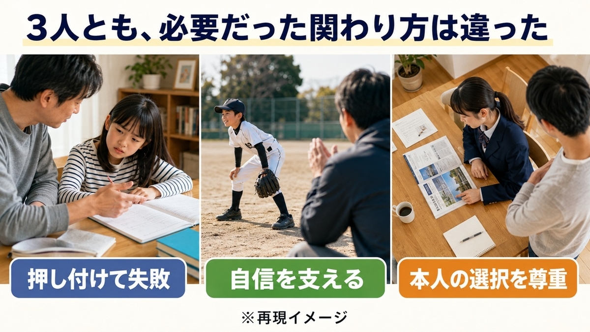 3人の子どもそれぞれで異なった親の関わり方を示す子育て実体験