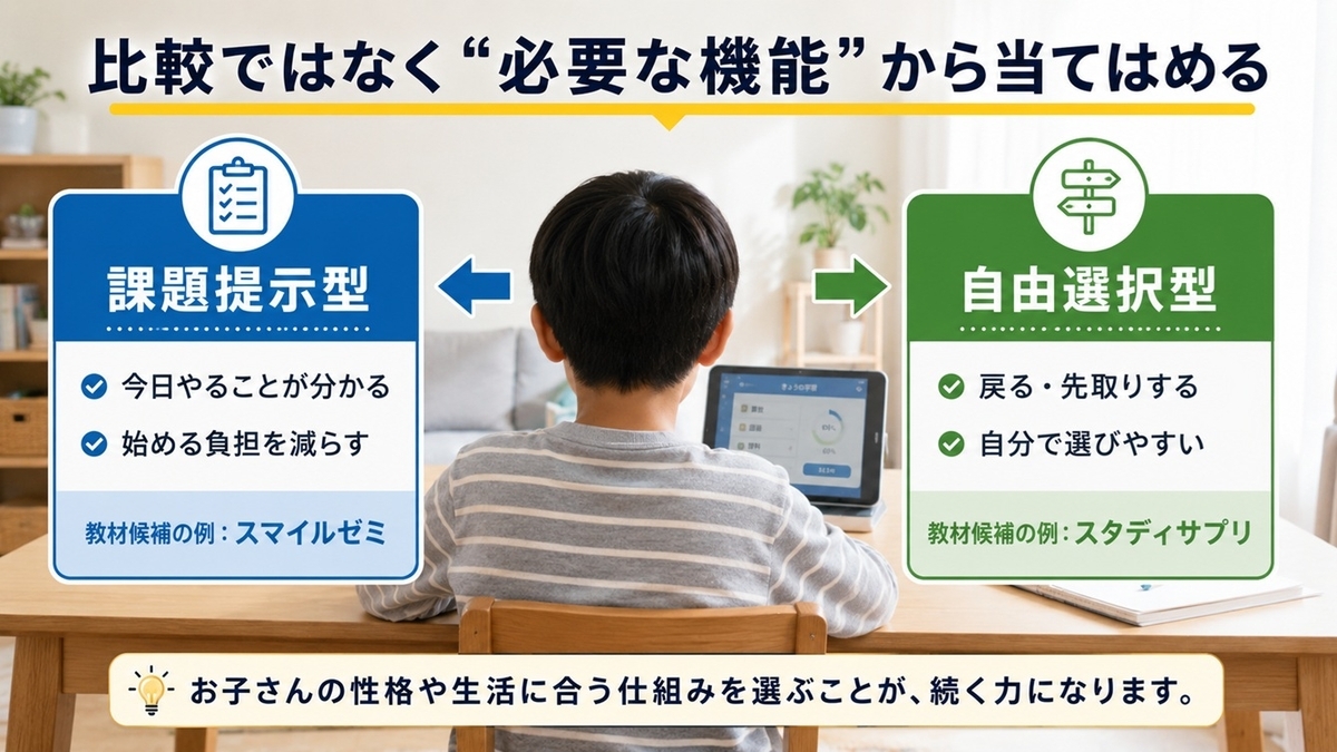 小学生の性格と学習行動から課題提示型と自由選択型の教材候補を当てはめる例