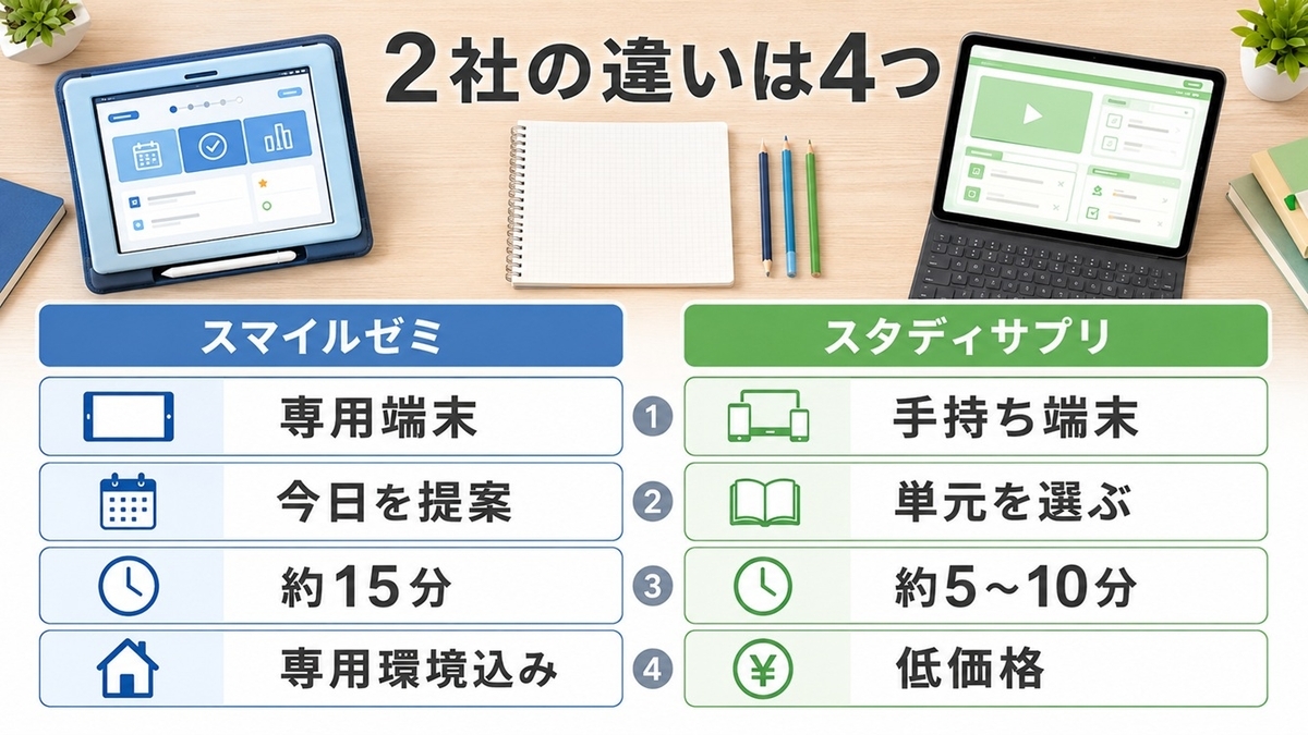 スマイルゼミとスタディサプリの端末・学習方法・時間・料金の違い