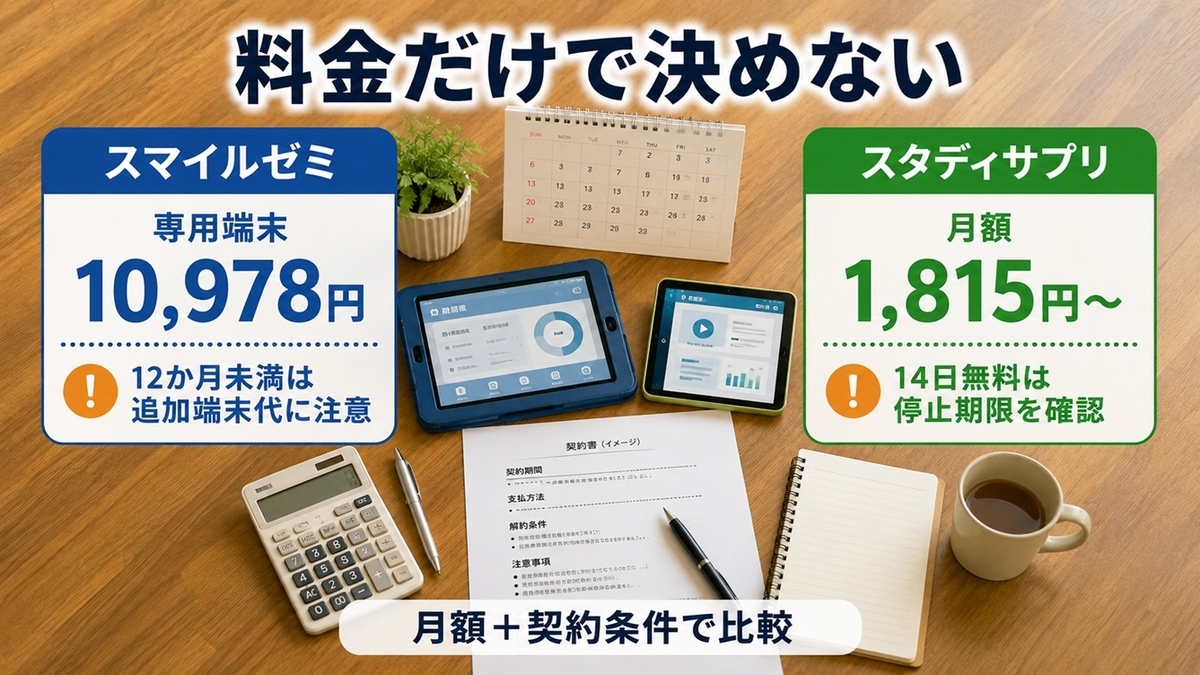 スマイルゼミとスタディサプリの料金と契約条件を比較