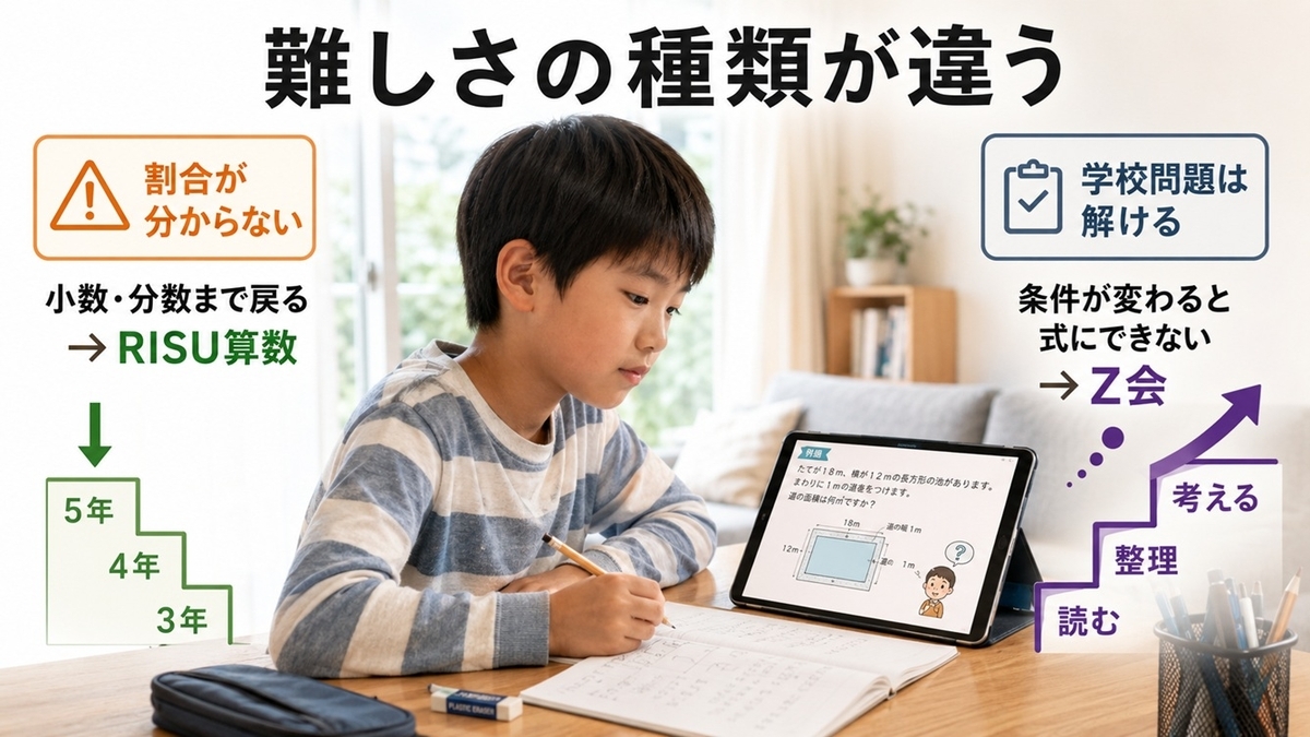 Z会とRISU算数の難易度を戻り学習と応用思考の違いで比較