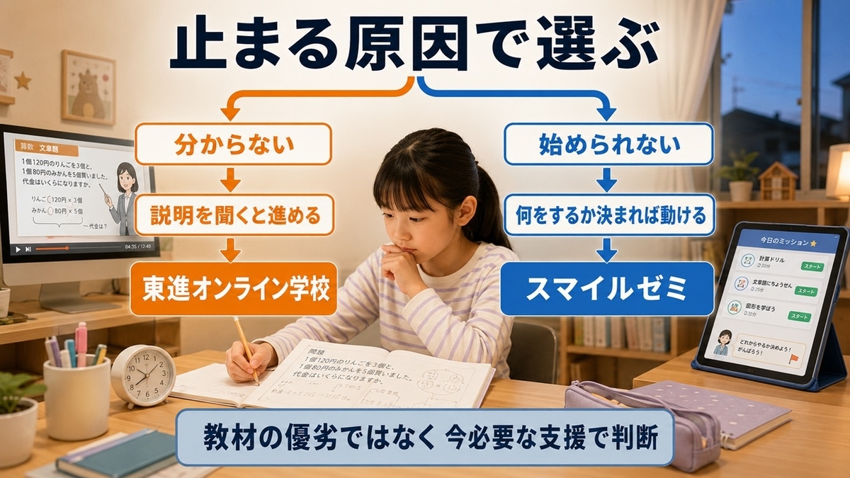東進オンライン学校とスマイルゼミを、分からないで止まる子と勉強を始められない子に分けて選ぶ比較図