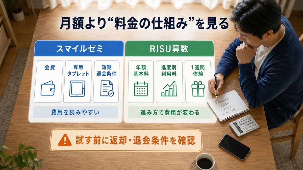 スマイルゼミとRISU算数の料金体系とタブレット退会お試し条件を比較