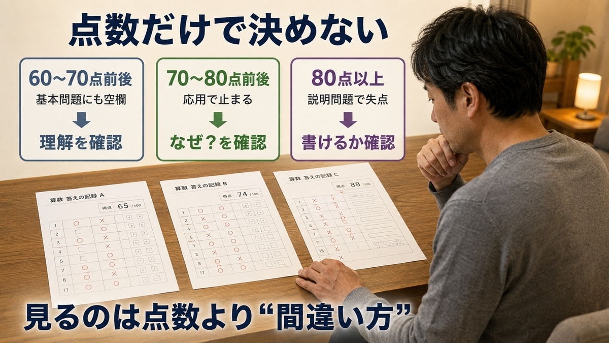 小学生のテスト点数と答案の間違い方から教材を判断するチェック図